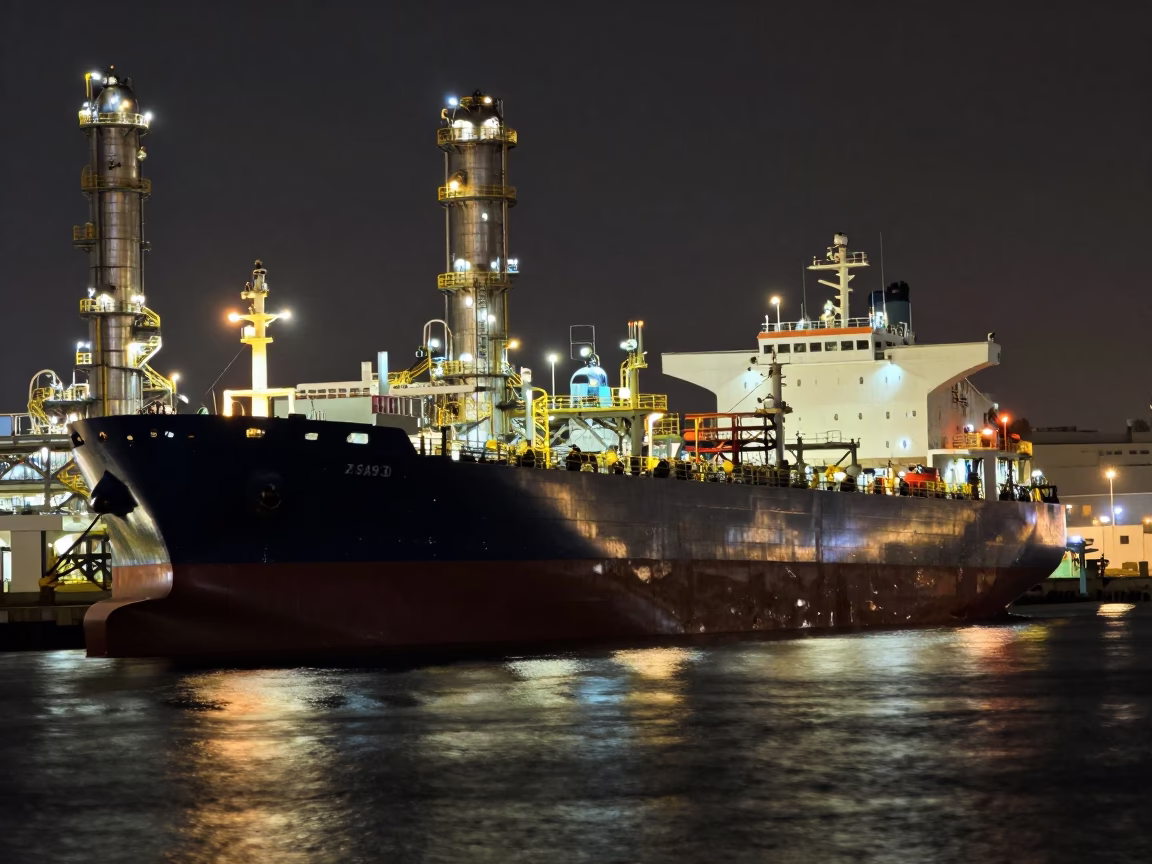 Late Night Durban Port Tanker Ship Refinery Dock Industrial Scene in in Durban, South Africa