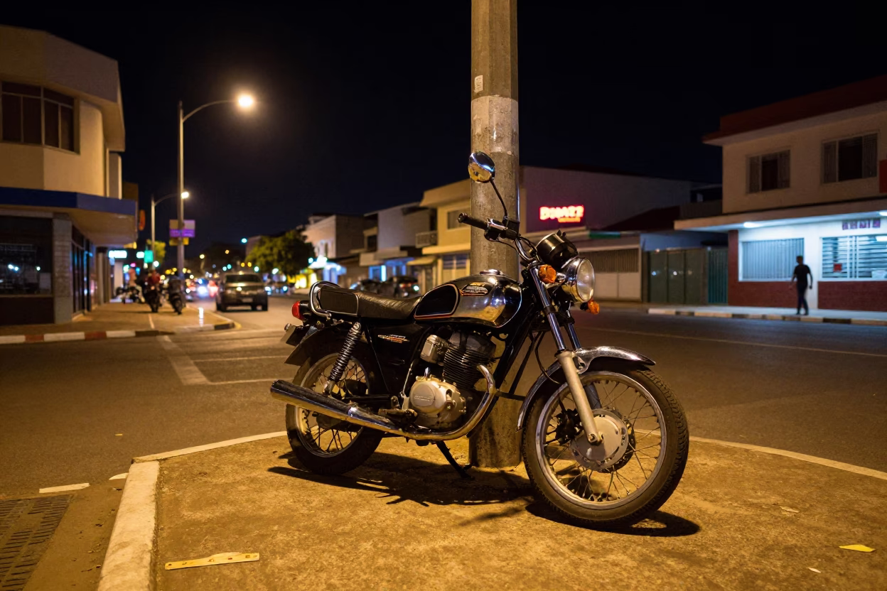 Late Night Durban Street Corner with Motorcycle and Neon Signs in in Durban, South Africa