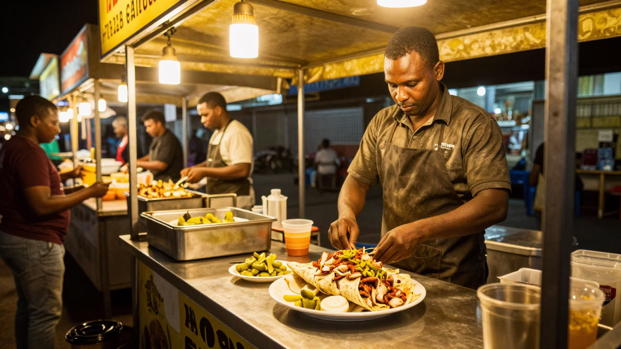 Late Night Durban Street Food Stall with Chicken Shawarma and Pickles Under Streetlight in in Durban, South Africa