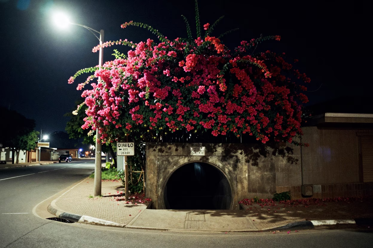 Late Night Durban Street Scene with Bougainvillea and Sewage Tunnel Maintenance Workers in in Durban, South Africa