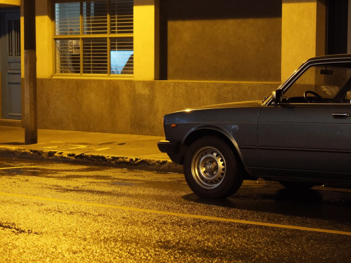 Late Night Durban Street Scene with Brushed Steel Rim and Toolbox Reflections in in Durban, South Africa