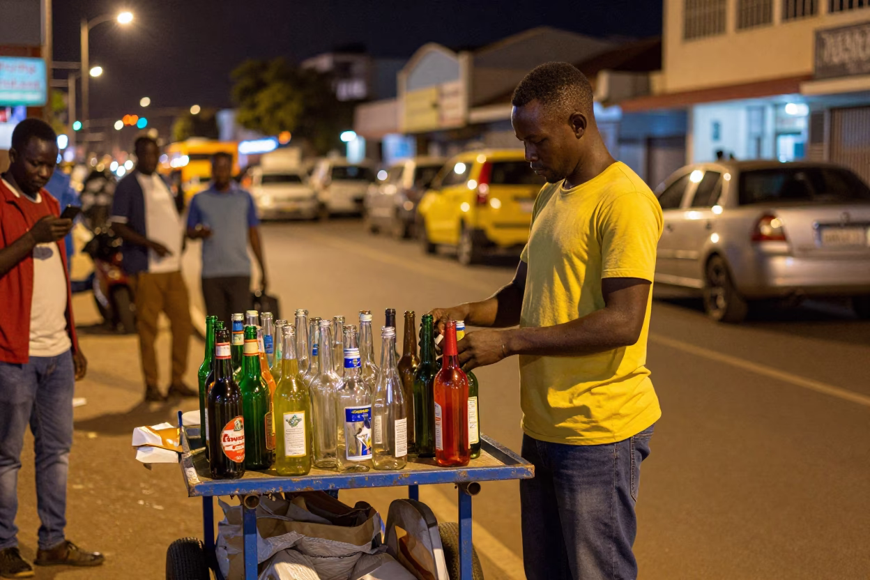 Late Night Durban Street Scene with Colorful Bottles and Local Vibes in in Durban, South Africa