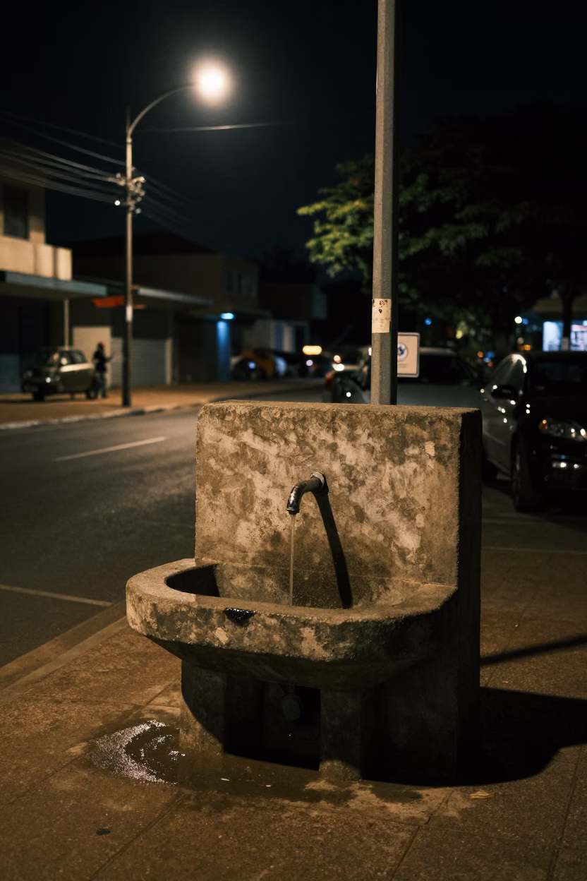 Late Night Durban Street Scene with Concrete Wash Basin and Urban Infrastructure in in Durban, South Africa