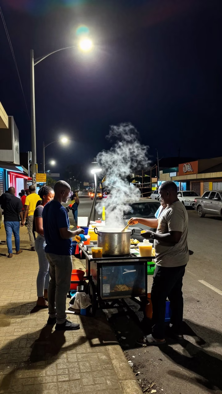 Late Night Durban Street Scene with Food Vendor and Urban Activity in in Durban, South Africa