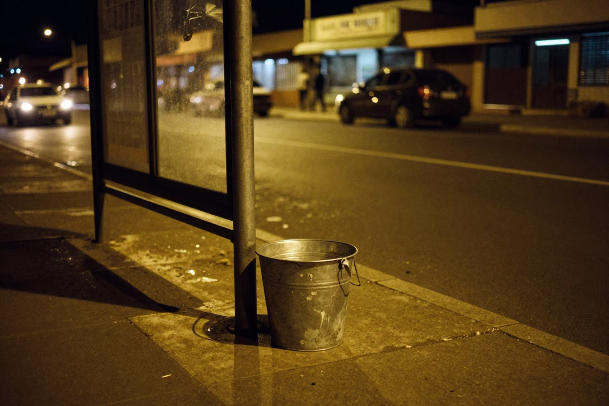 Late Night Durban Street Scene with Metal Bucket and Urban Lighting in in Durban, South Africa