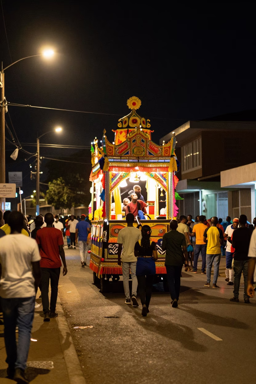 Late Night Durban Street Scene with Processional Float and Straw Hat in in Durban, South Africa