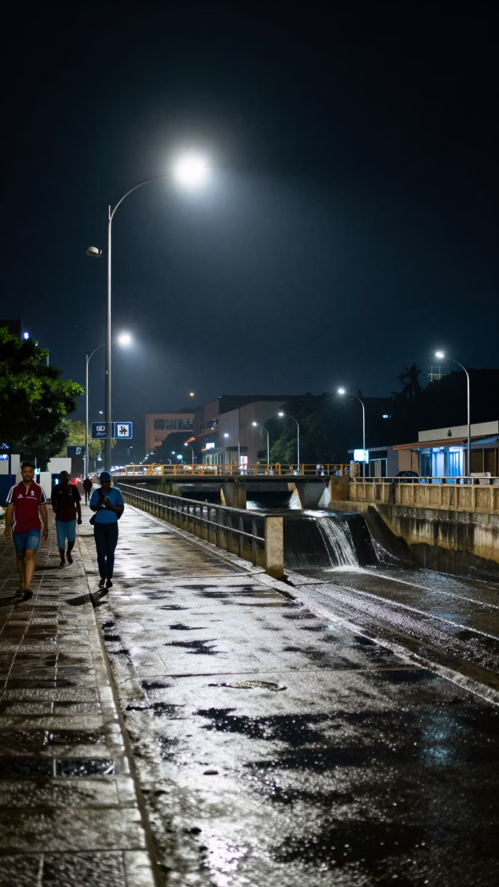 Late Night Durban Street Scene with Spillway and Urban Life in in Durban, South Africa