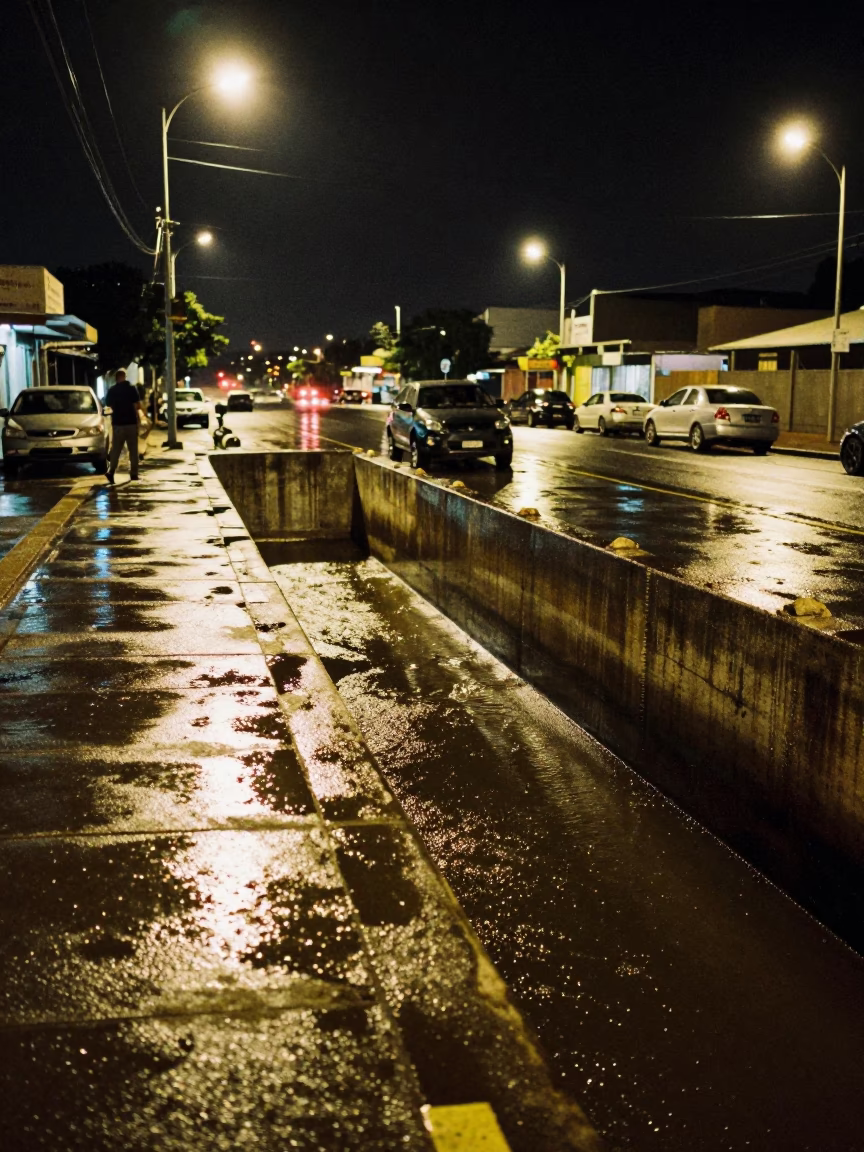 Late Night Durban Street Scene with Spillway Chute and Red Maintenance Railings in in Durban, South Africa