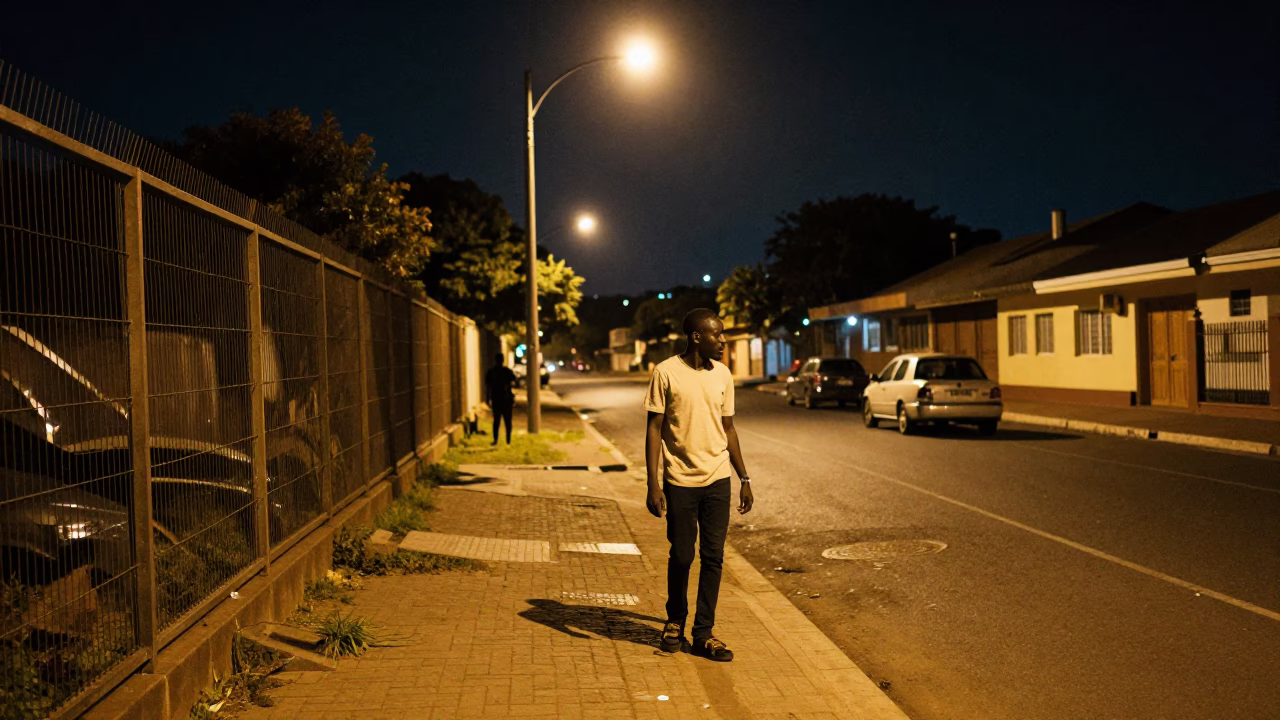 Late Night Durban Street Scene with Substation Fence and Wet Pavement in in Durban, South Africa