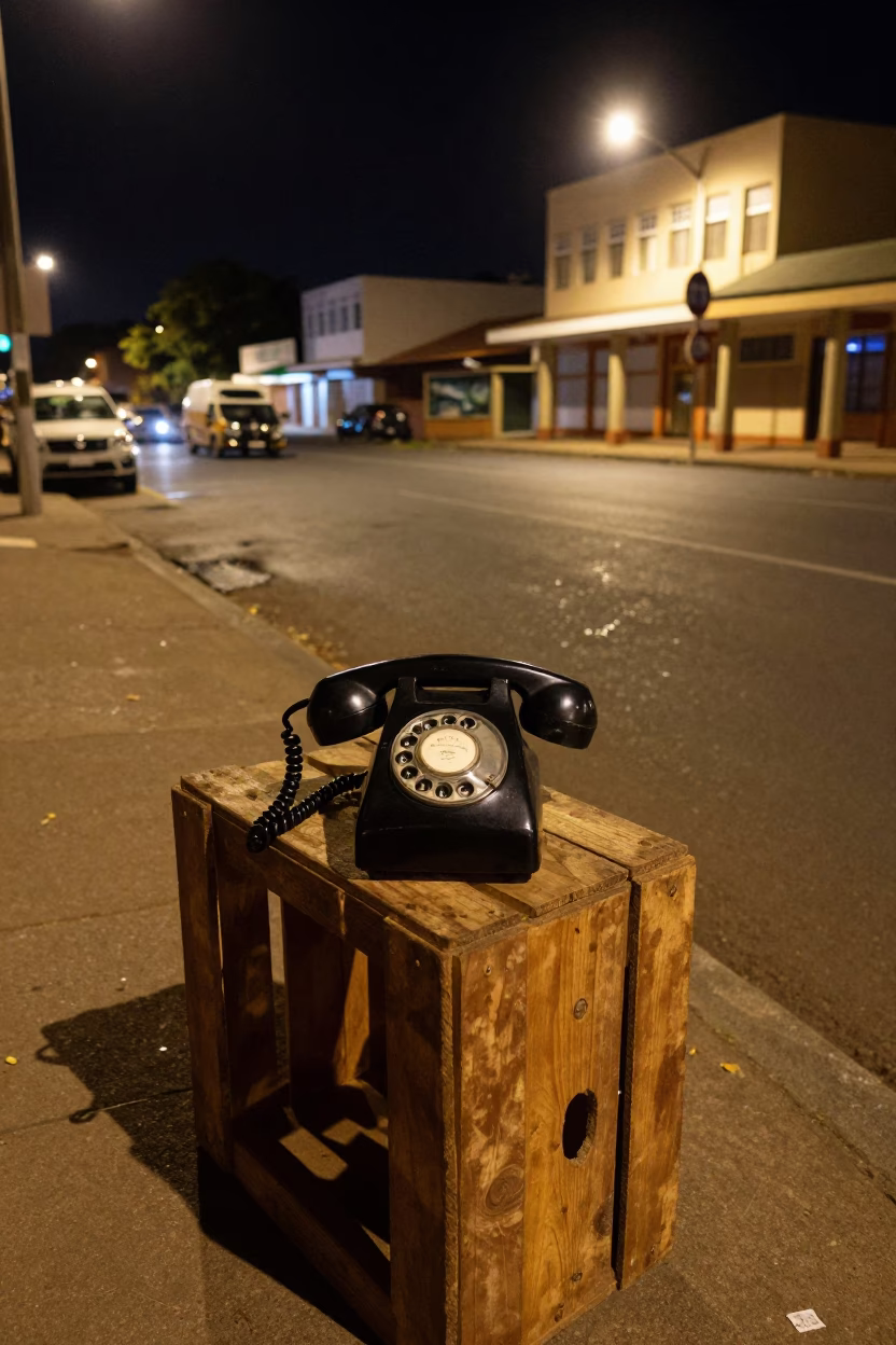 Late Night Durban Street Scene with Vintage Bakelite Telephone and Silk Dyeing Fabrics in in Durban, South Africa
