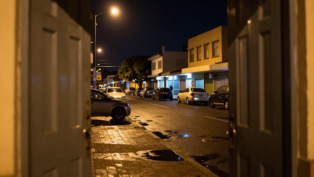 Late Night Durban Street Scene with Vintage Doorframe and Neon Reflections in in Durban, South Africa