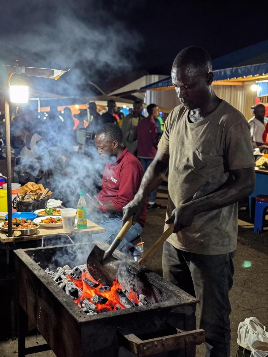Late Night Durban Street Stall with Ash Shovel and Metal Pitcher in in Durban, South Africa