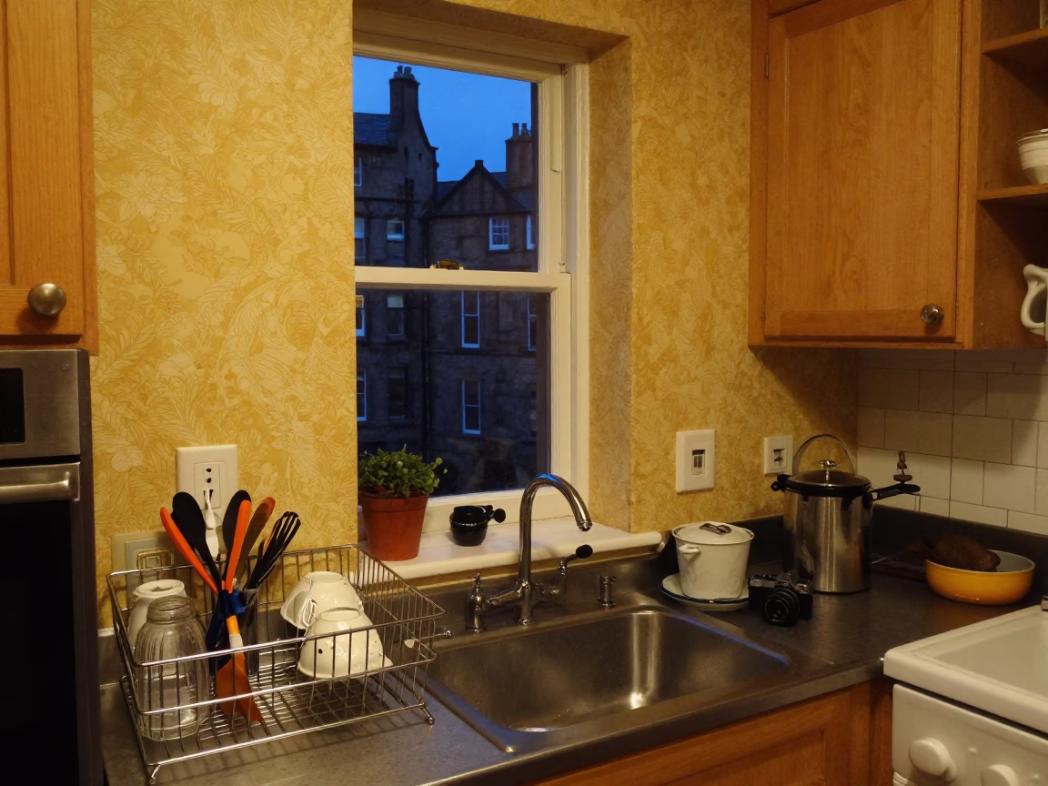 Late Night Edinburgh Kitchen Scene with Dish Rack and Linen Fringe Runner in in Edinburgh, United Kingdom