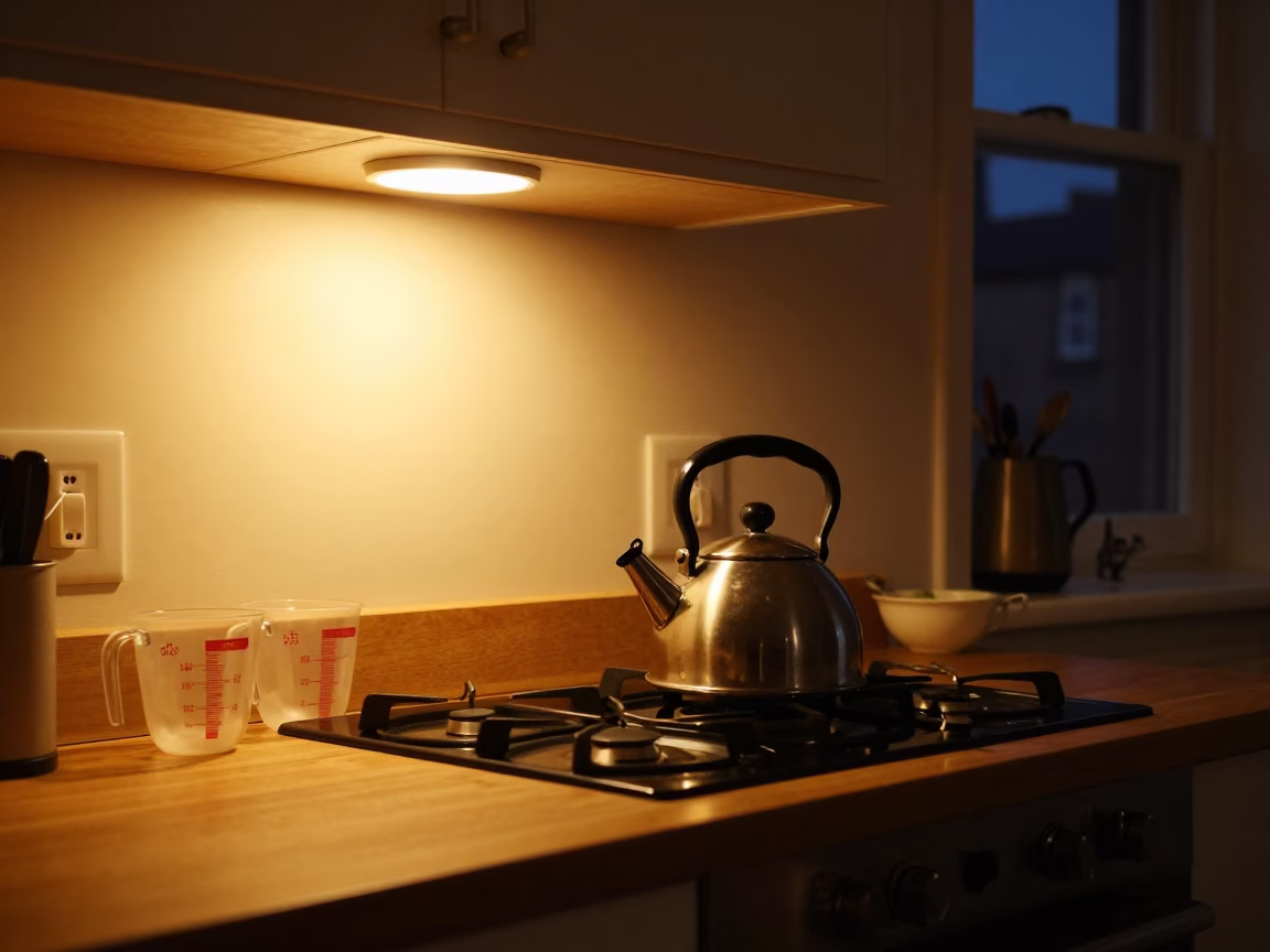 Late Night Edinburgh Kitchen Scene with Measuring Cups and Tea Kettle in in Edinburgh, United Kingdom