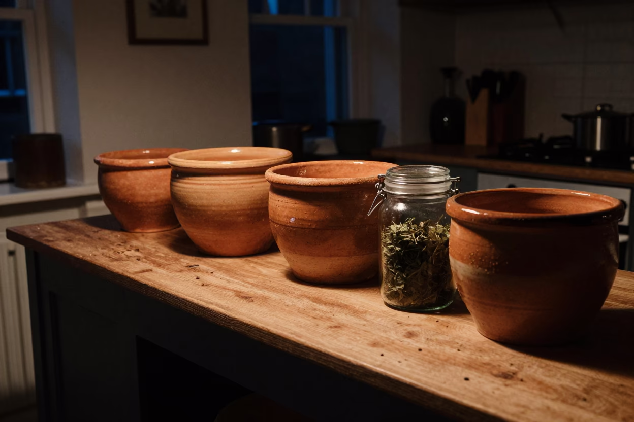 Late Night Edinburgh Kitchen with Vintage Stoneware and Herbal Jars in in Edinburgh, United Kingdom