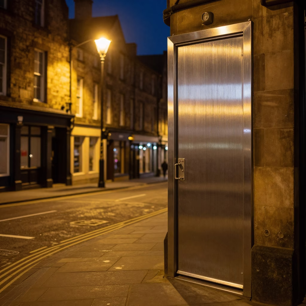 Late Night Edinburgh Street Scene with Brushed Steel Doorframe and Fingerprint Marks on Wall in in Edinburgh, United Kingdom
