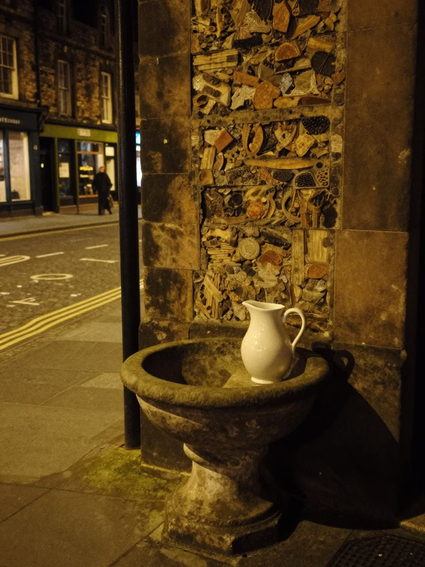 Late Night Edinburgh Street Scene with Ceramic Pitcher and Rusty Basin in in Edinburgh, United Kingdom