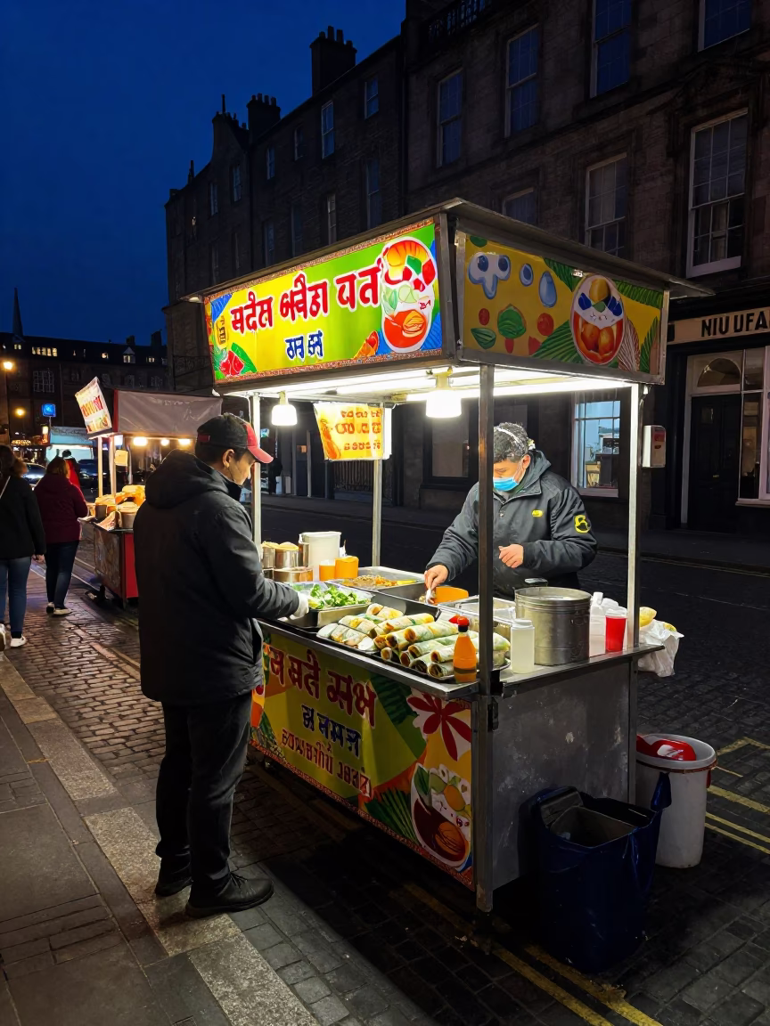 Late Night Edinburgh Street Scene with Colorful Food Stall and Brass Stool in in Edinburgh, United Kingdom