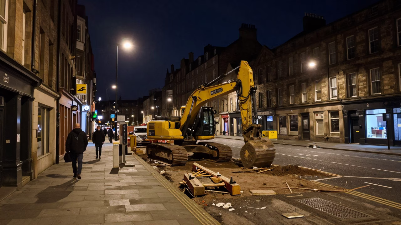 Late Night Edinburgh Street Scene with Construction Equipment and Urban Decay in in Edinburgh, United Kingdom
