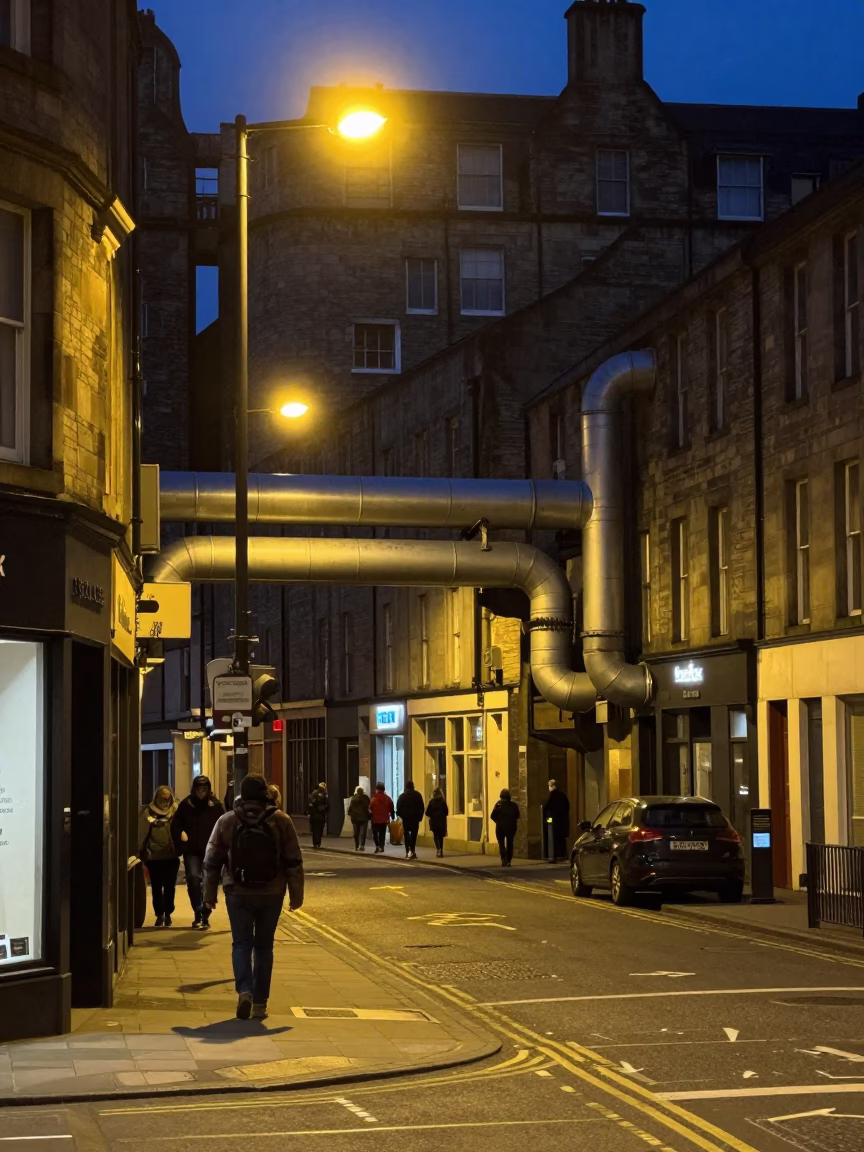 Late Night Edinburgh Street Scene with District Heating Pipes and Urban Activity in in Edinburgh, United Kingdom
