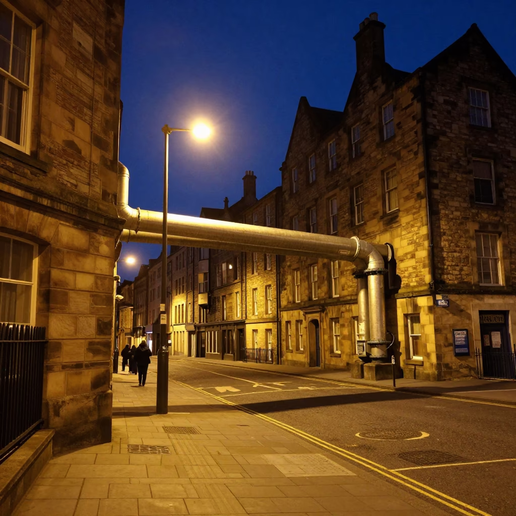 Late Night Edinburgh Street Scene with District Heating Pipes and Urban Architecture in in Edinburgh, United Kingdom