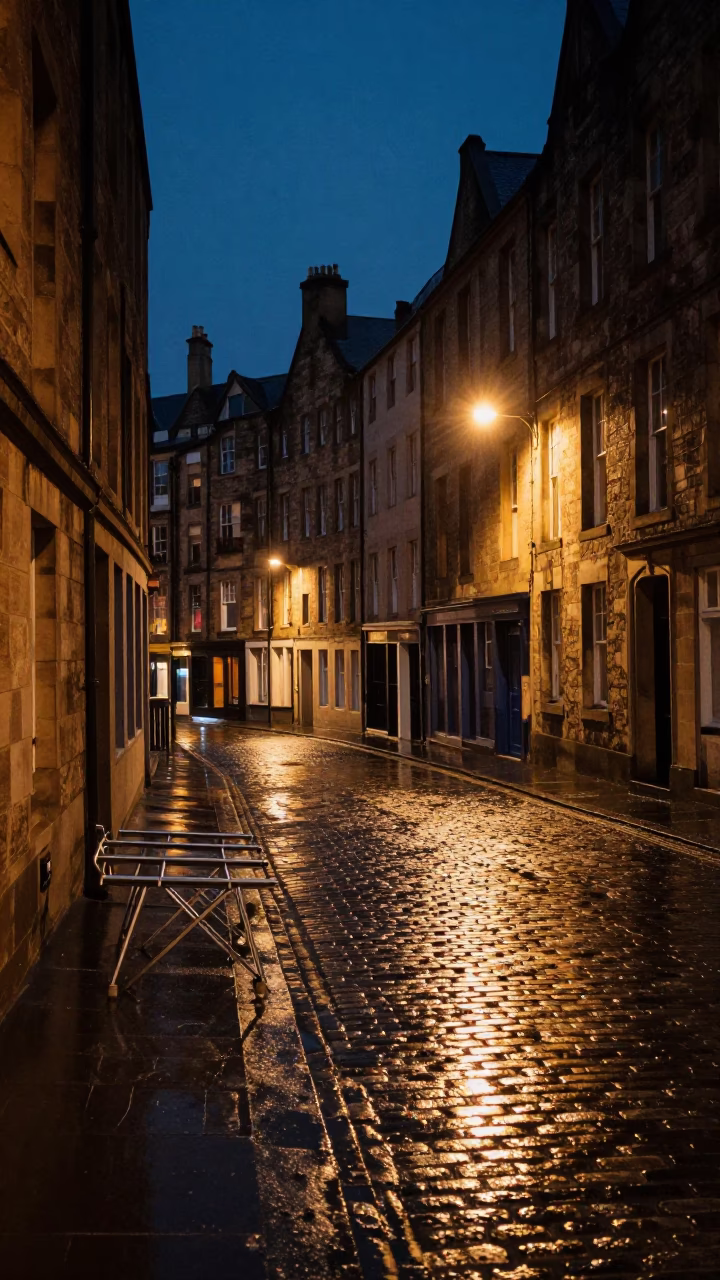 Late Night Edinburgh Street Scene with Drying Rack and Urban Drainage Details in in Edinburgh, United Kingdom