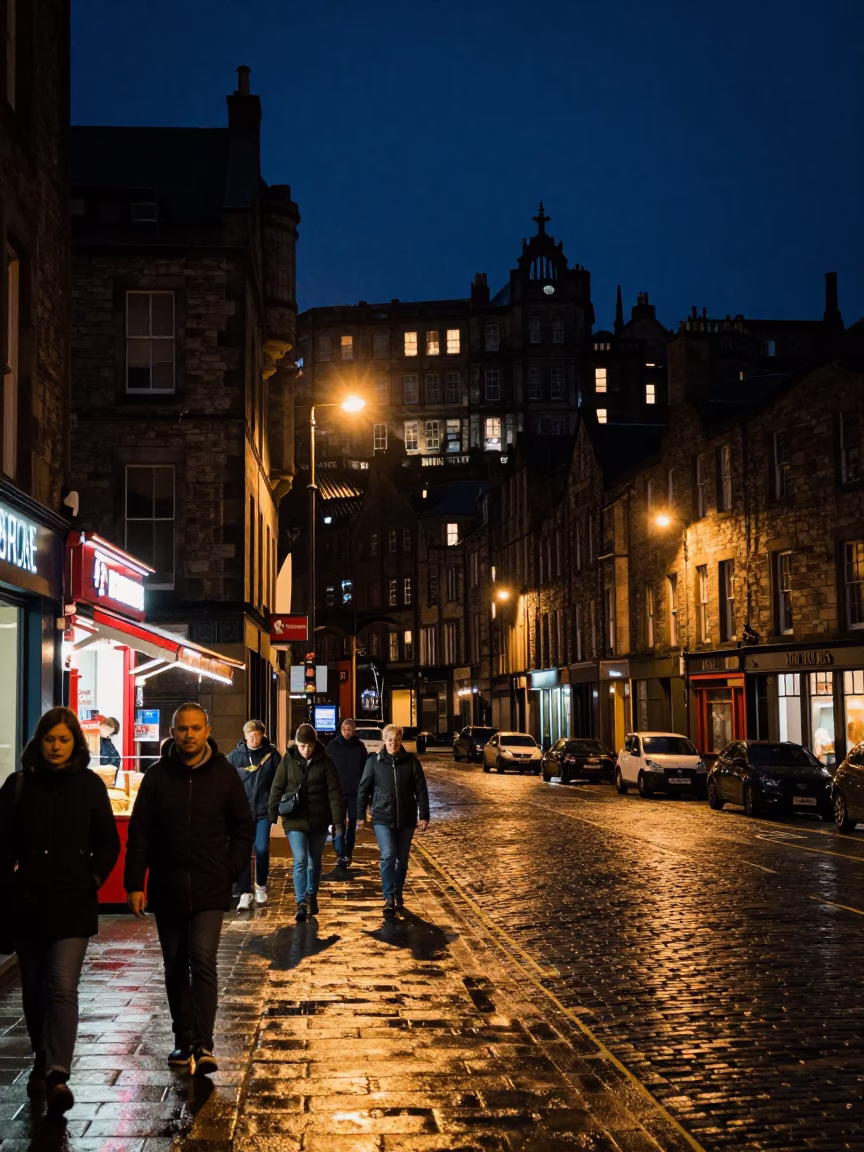 Late Night Edinburgh Street Scene with Food and City Lights in in Edinburgh, United Kingdom