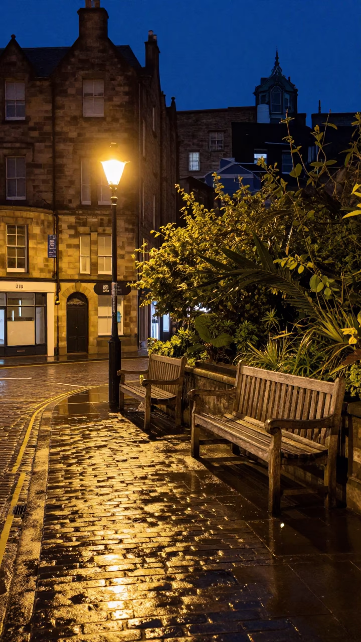 Late Night Edinburgh Street Scene with Garden Benches and Urban Atmosphere in in Edinburgh, United Kingdom