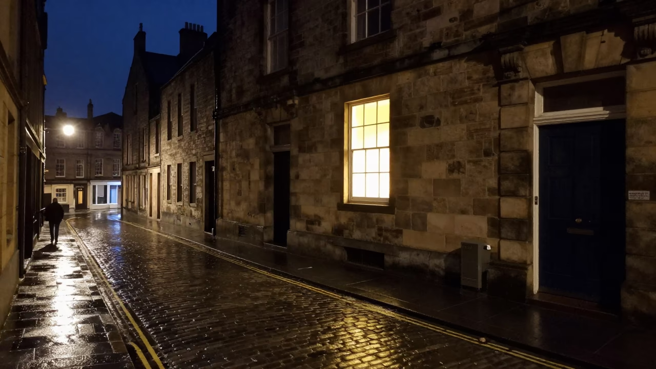 Late Night Edinburgh Street Scene with Glowing Window and Puddled Cobblestones in in Edinburgh, United Kingdom