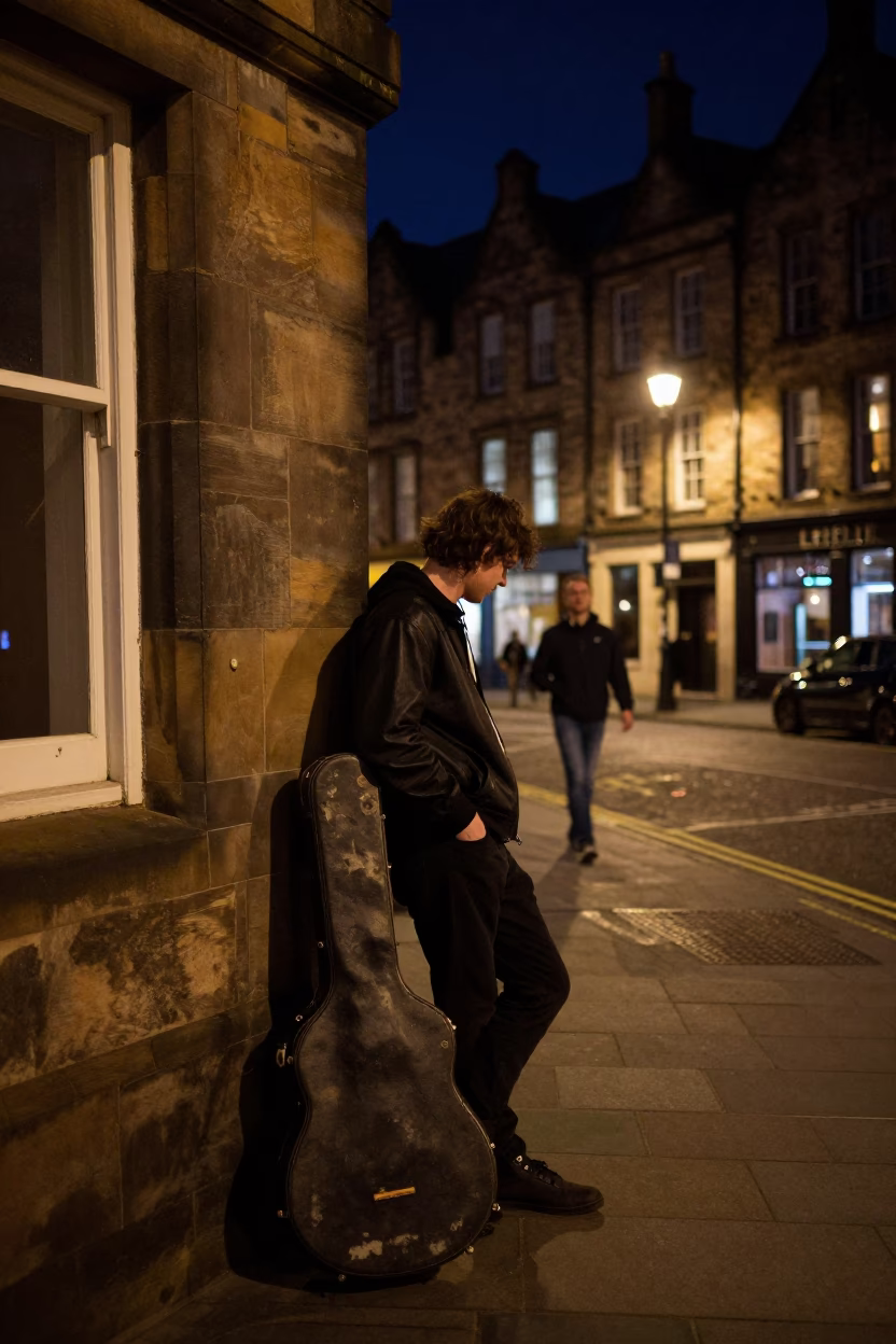Late Night Edinburgh Street Scene with Guitar Case and Blank Notebooks in in Edinburgh, United Kingdom