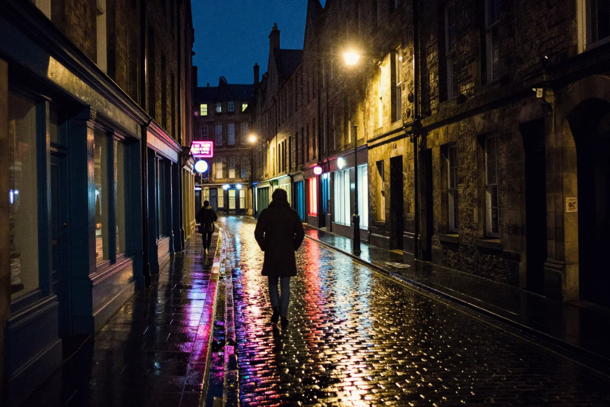 Late Night Edinburgh Street Scene with Neon Reflections and Urban Decay in in Edinburgh, United Kingdom