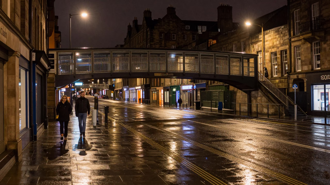 Late Night Edinburgh Street Scene with Pedestrian Overpass and Wet Footsteps in in Edinburgh, United Kingdom