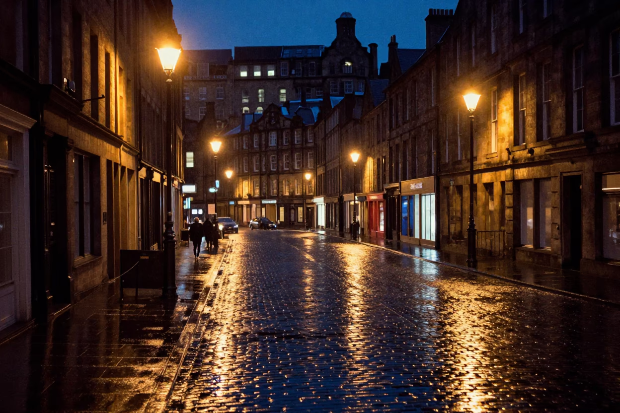 Late Night Edinburgh Street Scene with Rain and Urban Life in in Edinburgh, United Kingdom