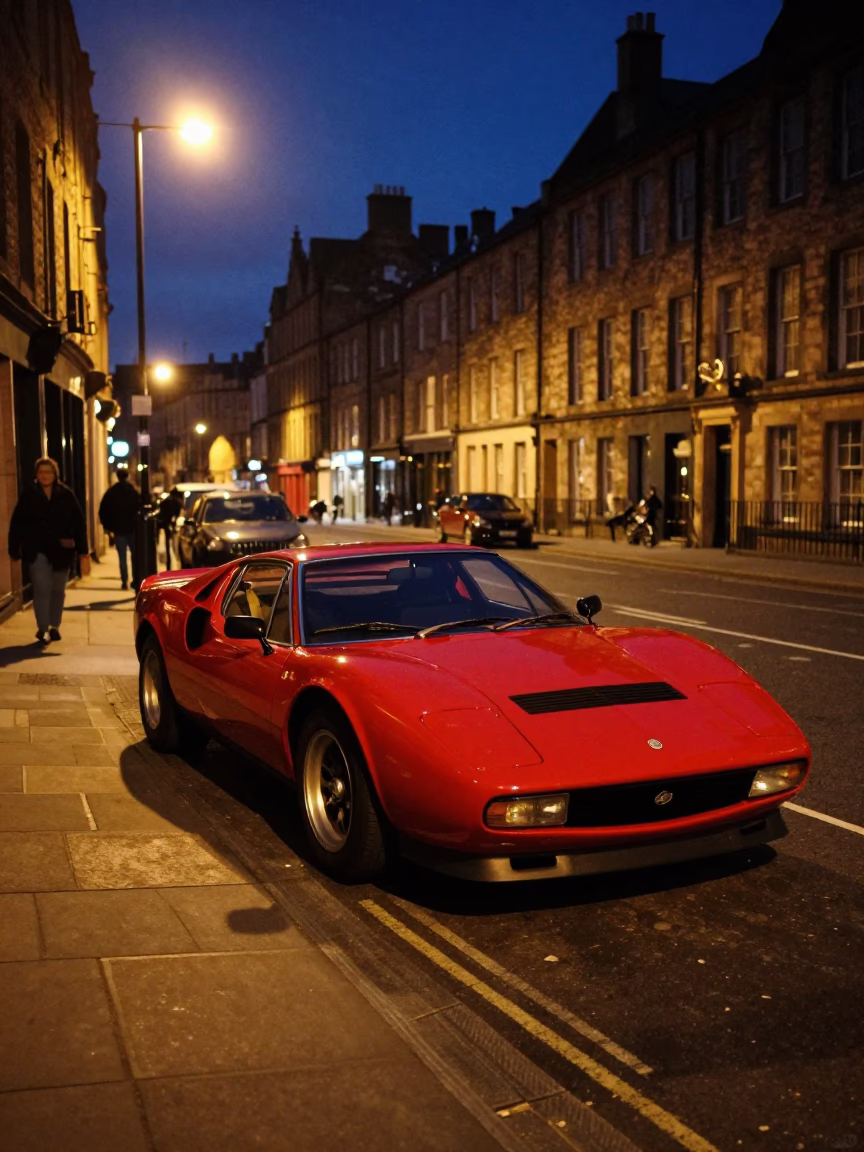 Late Night Edinburgh Street Scene with Red Sports Car and Urban Details in in Edinburgh, United Kingdom