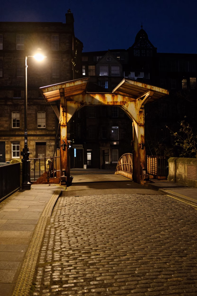 Late Night Edinburgh Street Scene with Rusted Drawbridge and Tea Stains in in Edinburgh, United Kingdom