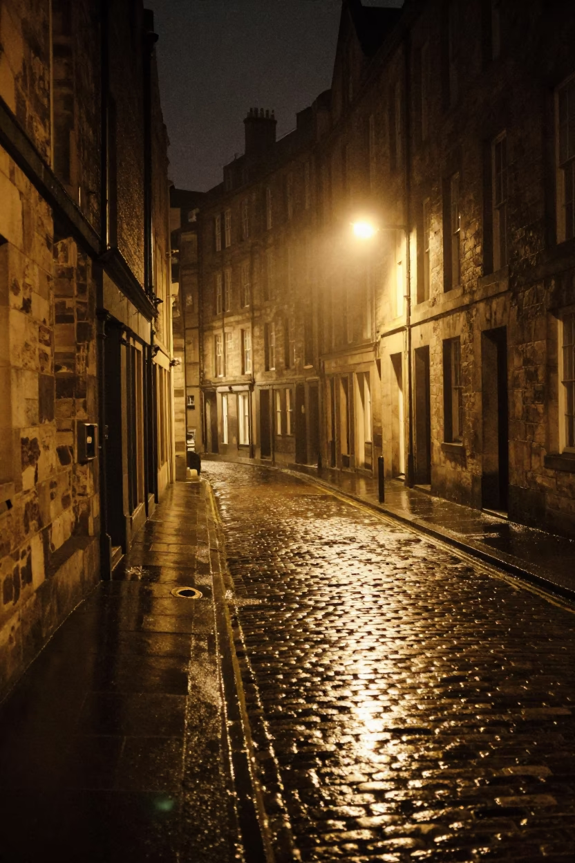 Late Night Edinburgh Street Scene with Scratched Sink Rim and Rain Slipping Down Cobblestones in in Edinburgh, United Kingdom