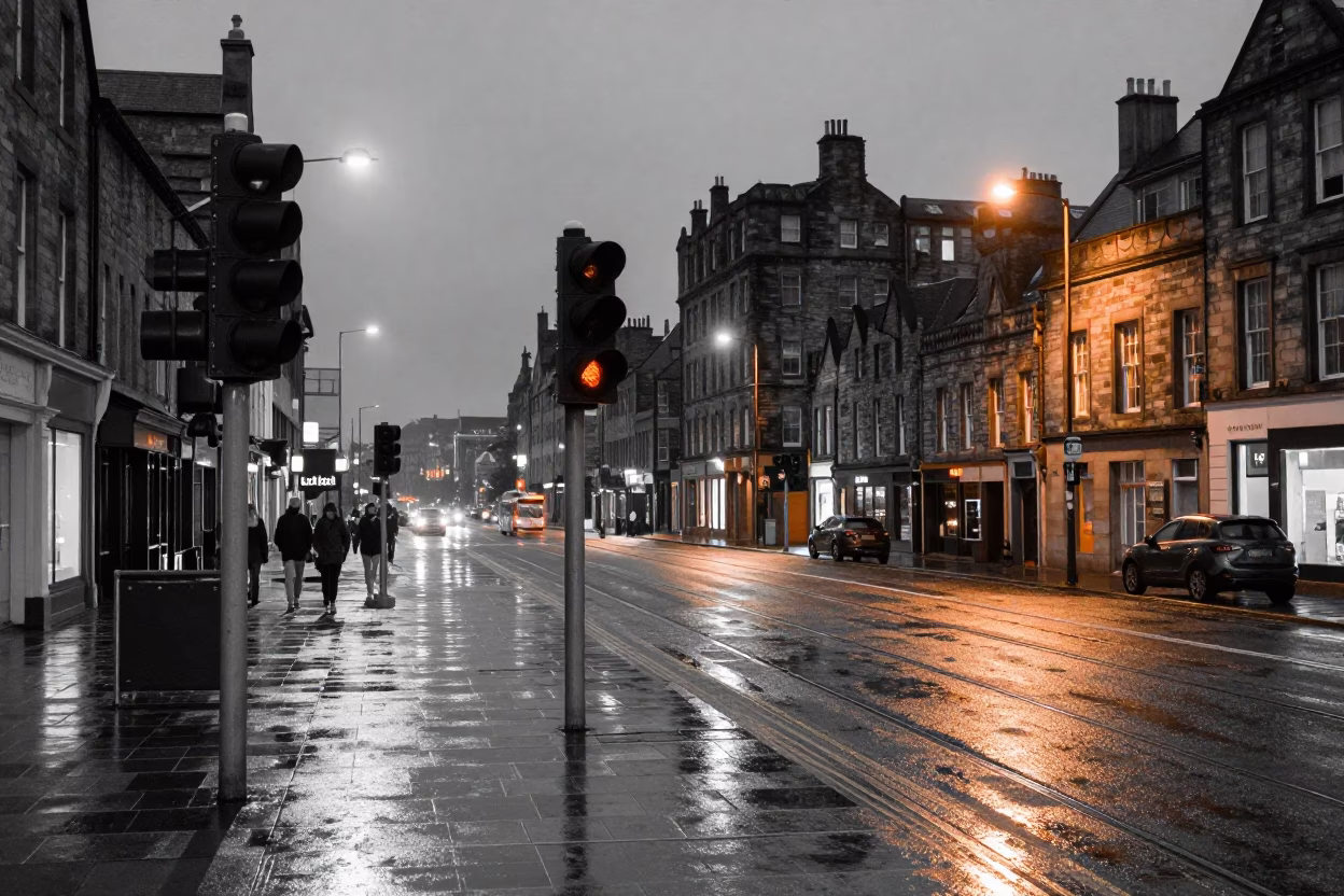 Late Night Edinburgh Street Scene with Signal Gantry and Kettle in in Edinburgh, United Kingdom