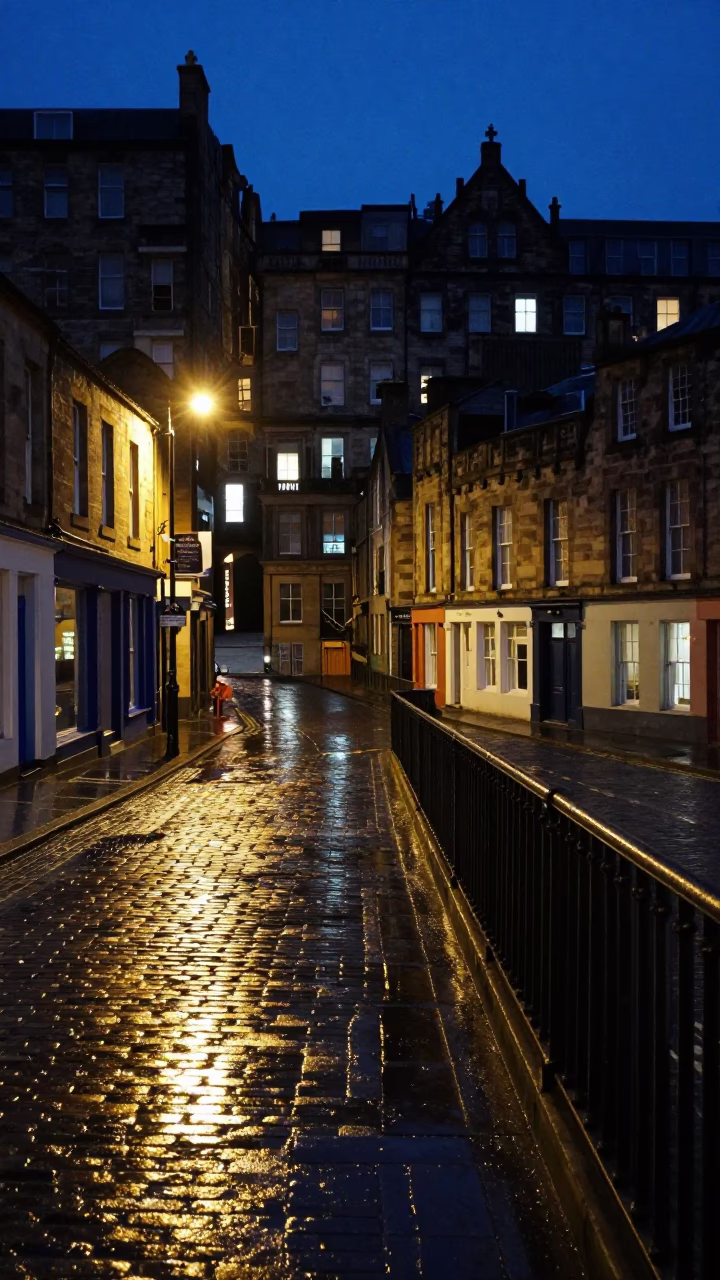 Late Night Edinburgh Street Scene with Stair Rail and Damp Cobblestones in in Edinburgh, United Kingdom