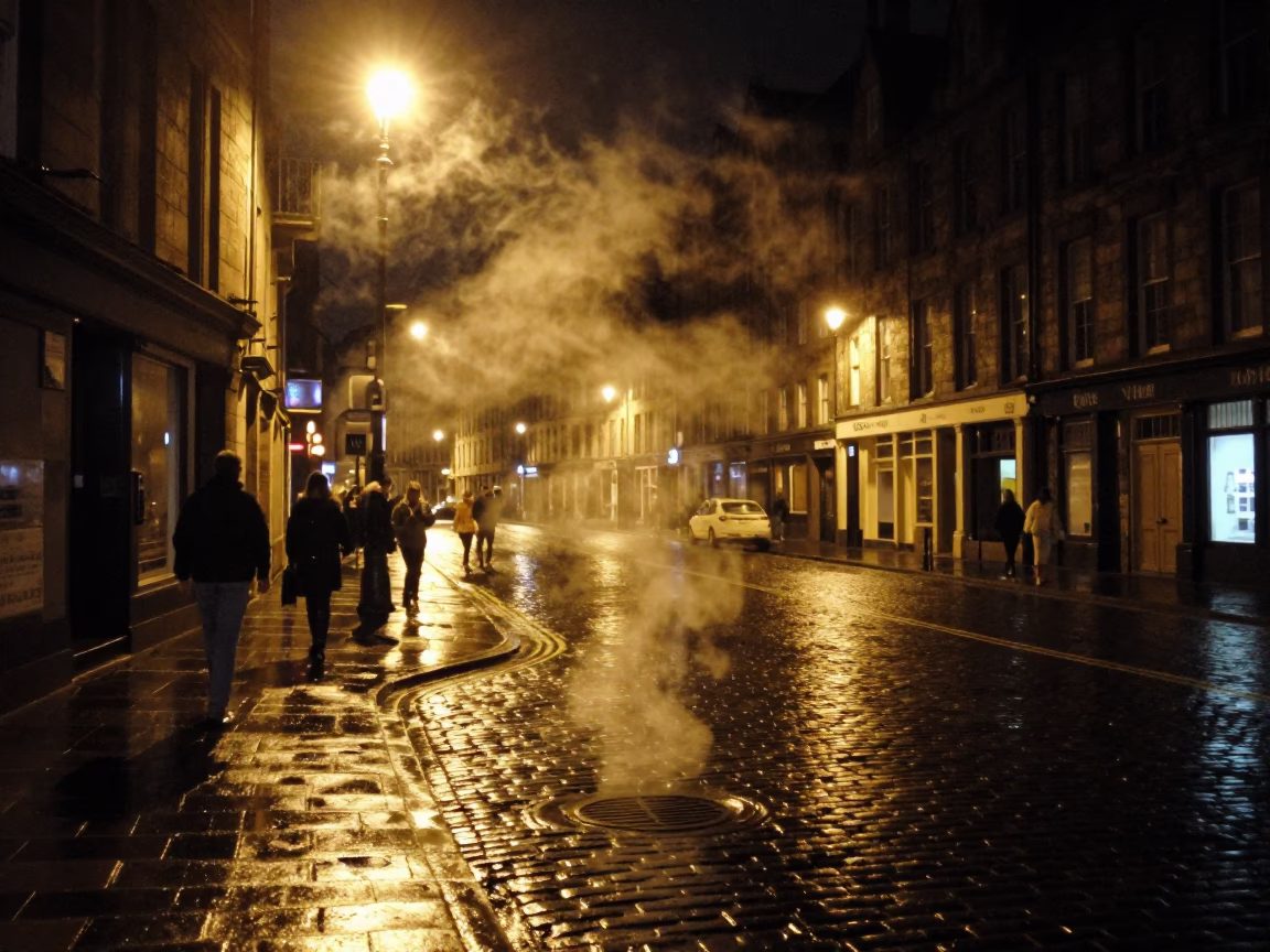 Late Night Edinburgh Street Scene with Steam Haze and Potted Herbs in in Edinburgh, United Kingdom