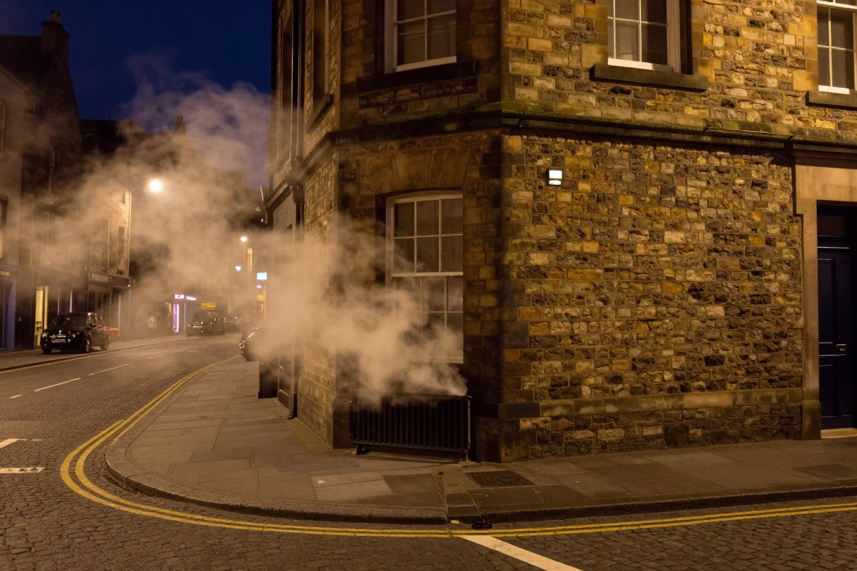 Late Night Edinburgh Street Scene with Steam Haze and Tea Tin in in Edinburgh, United Kingdom