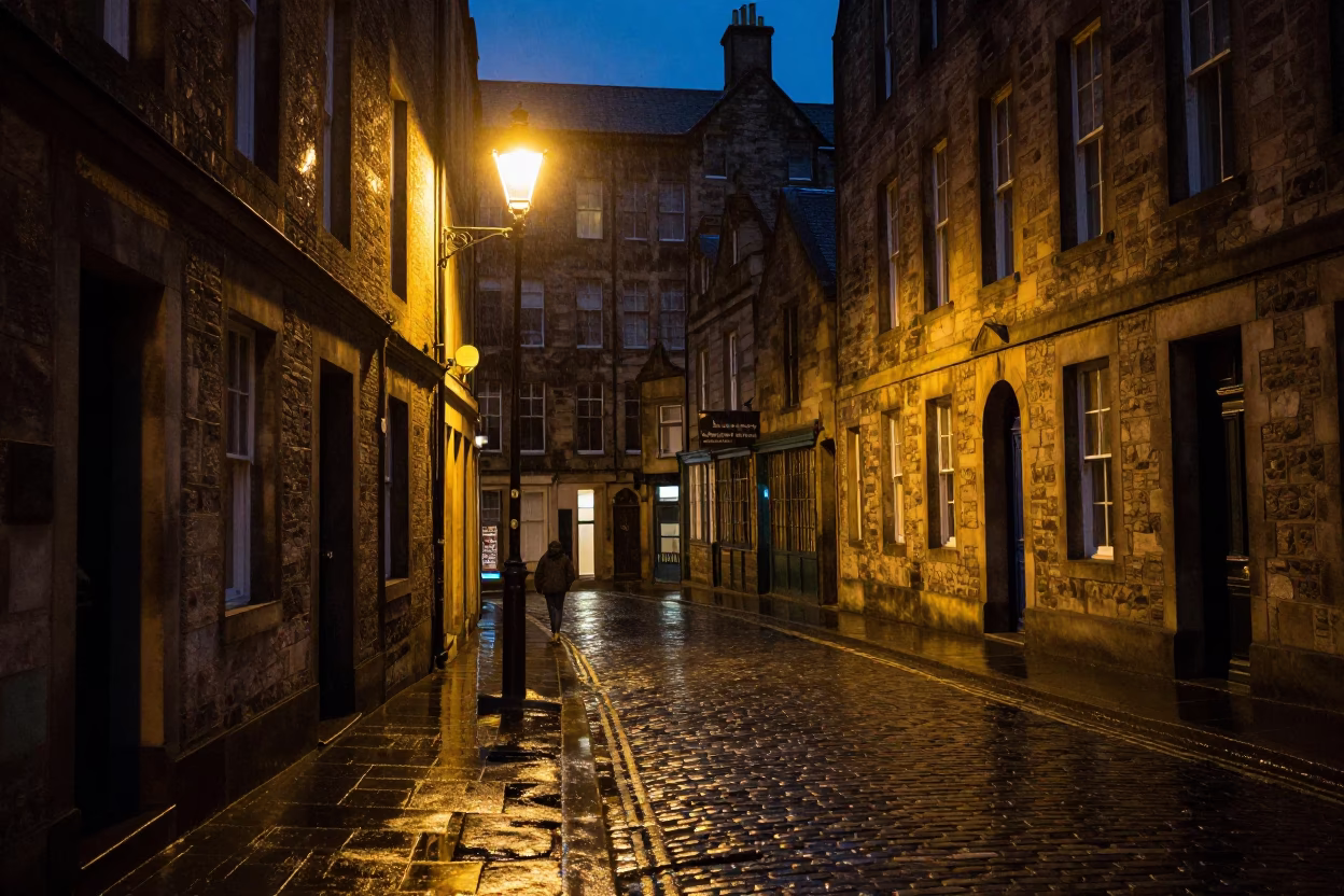 Late Night Edinburgh Street Scene with Streetlamp and Cobblestone Alley in in Edinburgh, United Kingdom