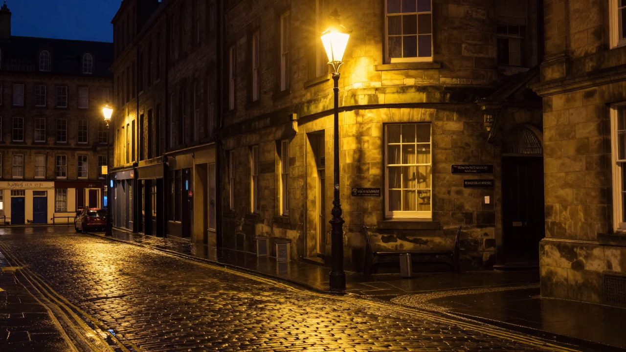 Late Night Edinburgh Street Scene with Tea Stains and Urban Architecture in in Edinburgh, United Kingdom