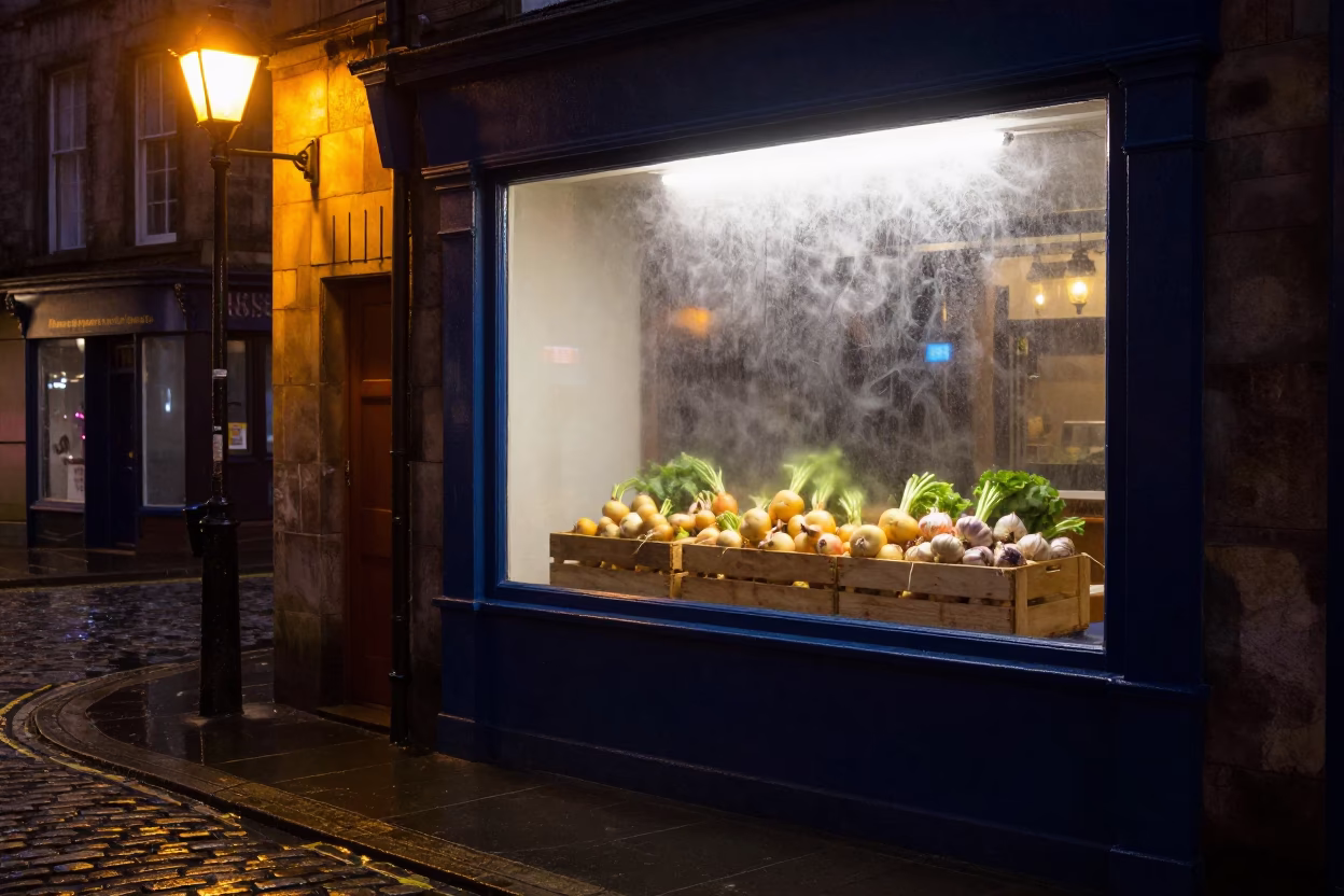 Late Night Edinburgh Street Scene with Turnips and Garlic in Rain-Slicked Window in in Edinburgh, United Kingdom