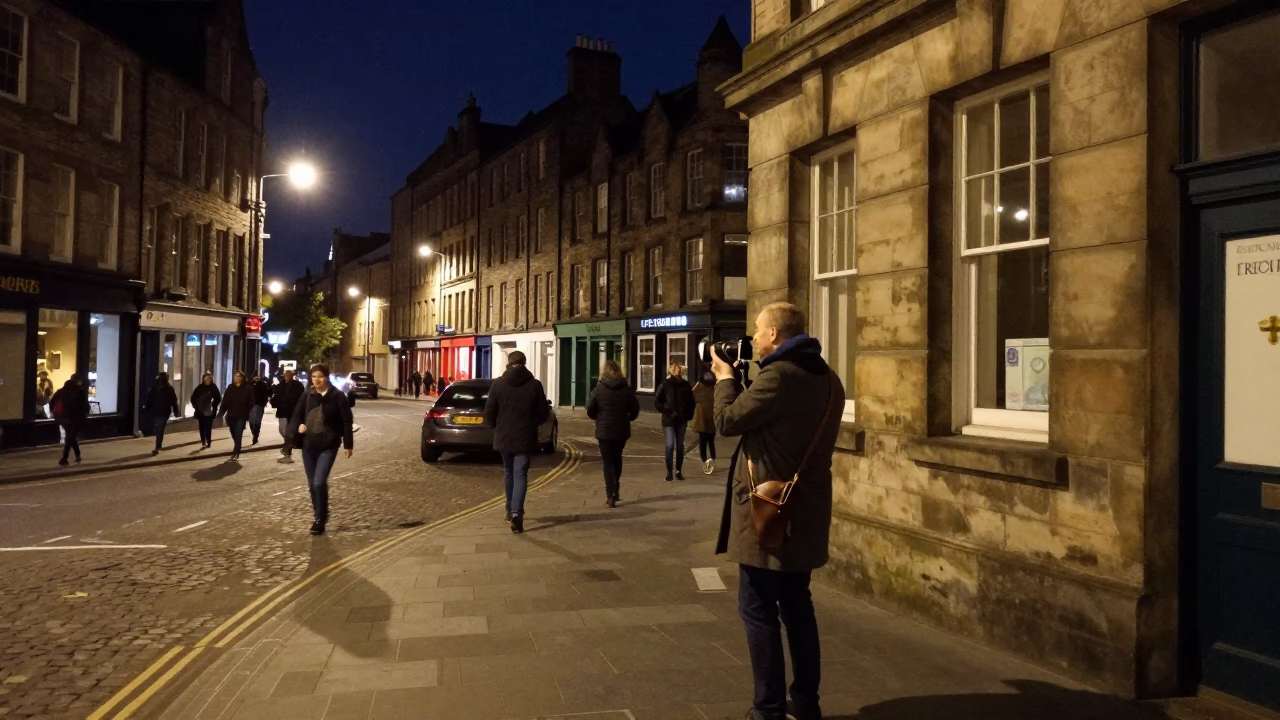 Late Night Edinburgh Street Scene with Vintage Bellows Camera and Urban Nightlife in in Edinburgh, United Kingdom
