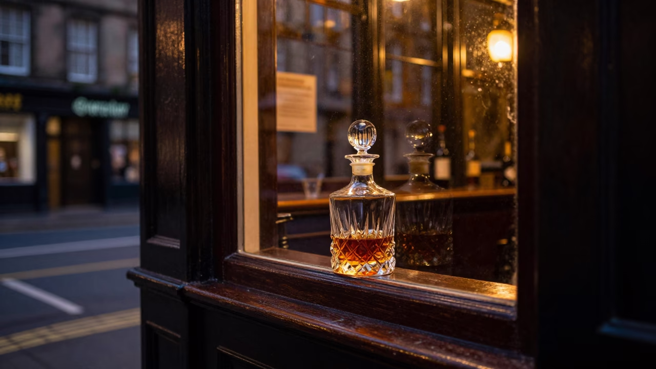 Late Night Edinburgh Street Scene with Vintage Decanter and Urban Atmosphere in in Edinburgh, United Kingdom