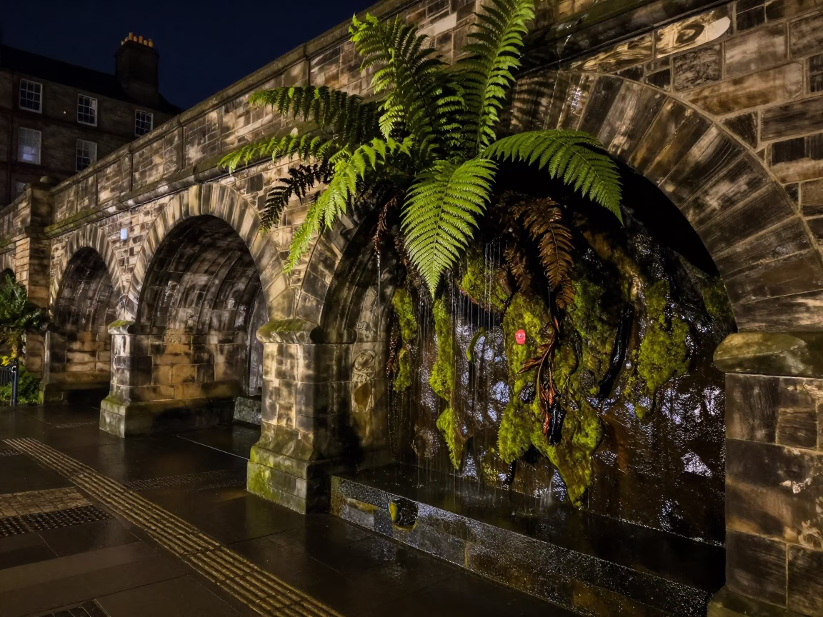 Late Night Edinburgh Viaduct Arch Undercroft Dripping Ferny Stone with Vintage Atmosphere in in Edinburgh, United Kingdom