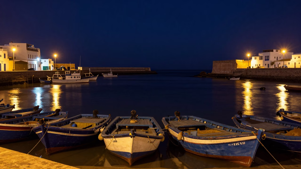 Late Night Essaouira Harbor Lanterns and Weathered Fishing Boats at Night in in Essaouira, Morocco