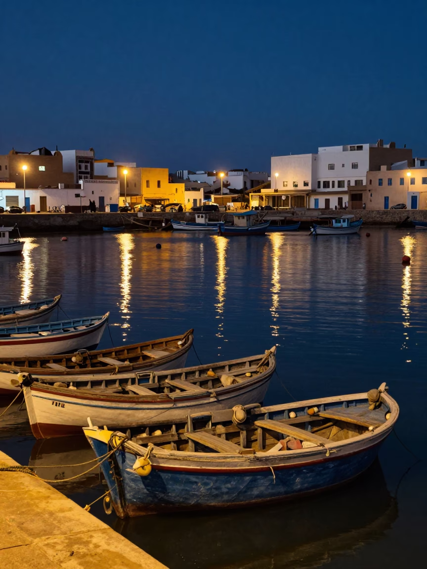Late Night Essaouira Harbor Scene with Fishing Boats and Coastal Atmosphere in in Essaouira, Morocco