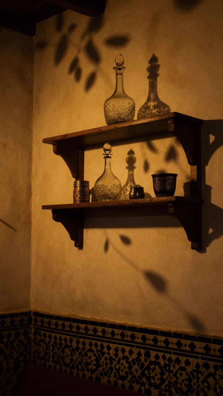 Late Night Essaouira Interior Street Scene with Traditional Decor and Glassware in in Essaouira, Morocco
