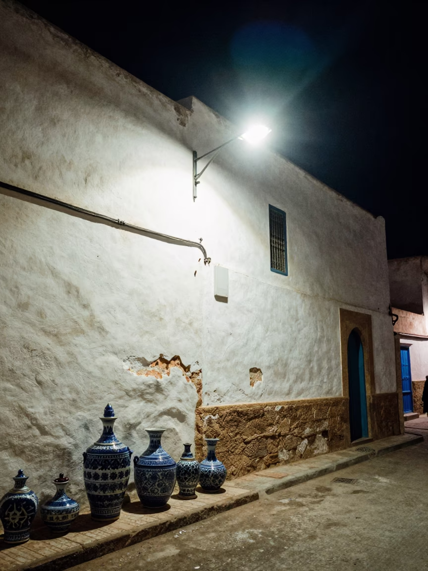 Late Night Essaouira Street Scene with Blue Porcelain and Pomegranate in in Essaouira, Morocco